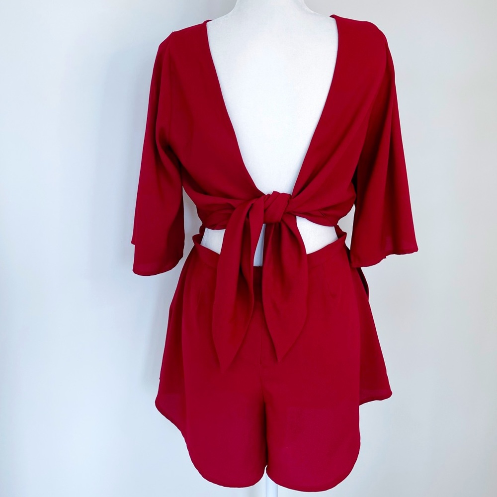 Olivaceous Deep Red Open Tie Back Short Jumpsuit